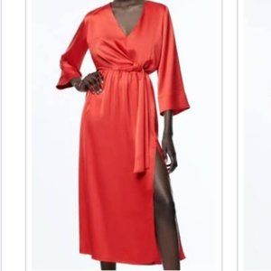 ZARA   I   Red Midi Knotted Satin Effect Dress